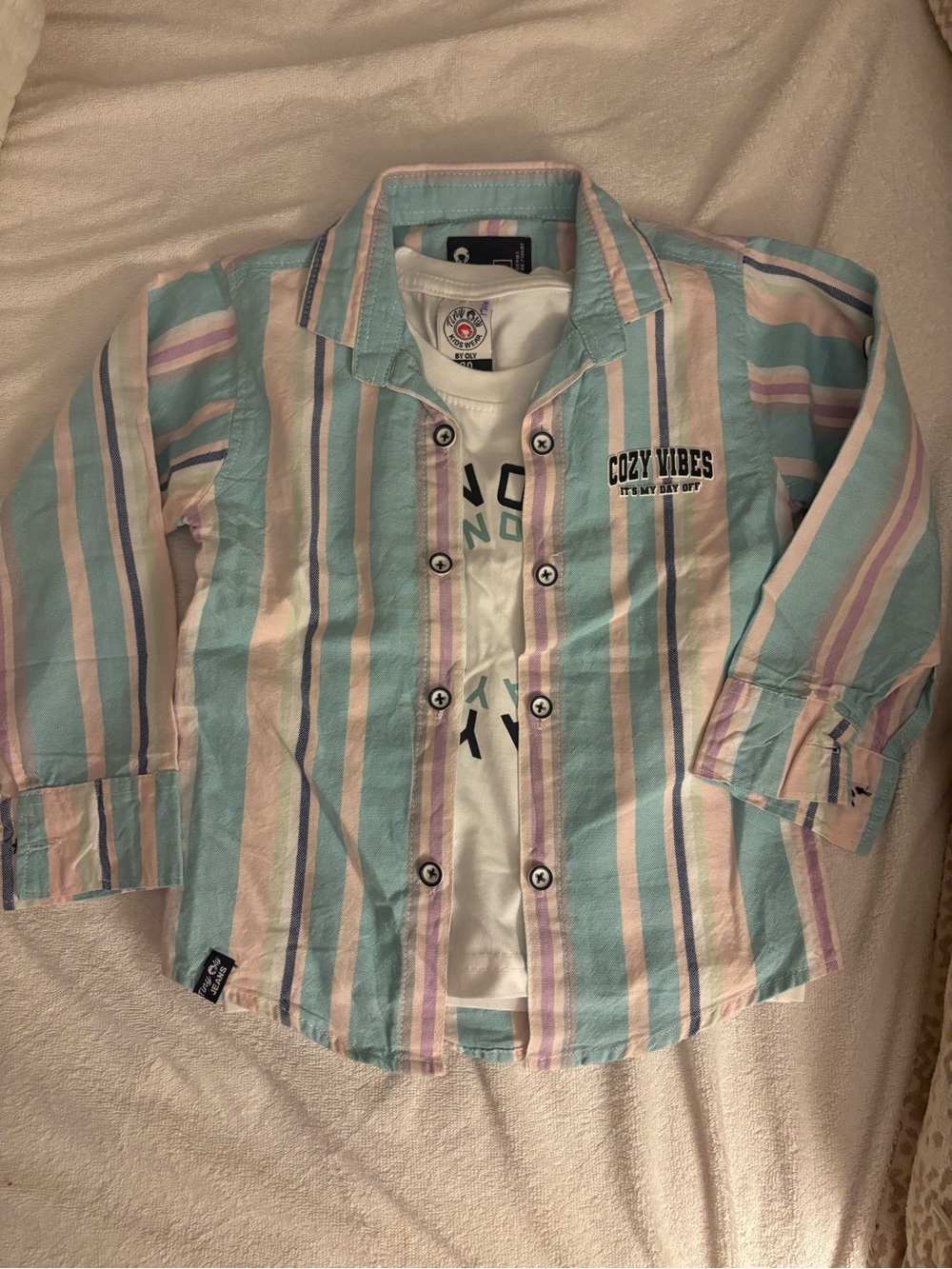 New Tiny Oly Cozy Vibes Striped Button-Down Shirt - Light Aqua/Pink 2in one Sz 2